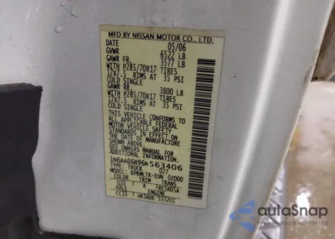 2006 Nissan Titan Se из США, поврежденный, VIN 1N6AA06B96N563406